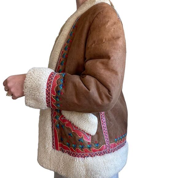 Vintage 70s Retro Shearling Handmade Folk Alfghan Polish Penny Lane Jacket Sz S - Picture 3 of 14